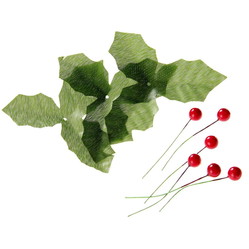 50Pcs Christmas Artificial Red Berry Stems with 50pc Green Leaves for Party Holiday Home Decoration DIY Garland Wreath Ornaments