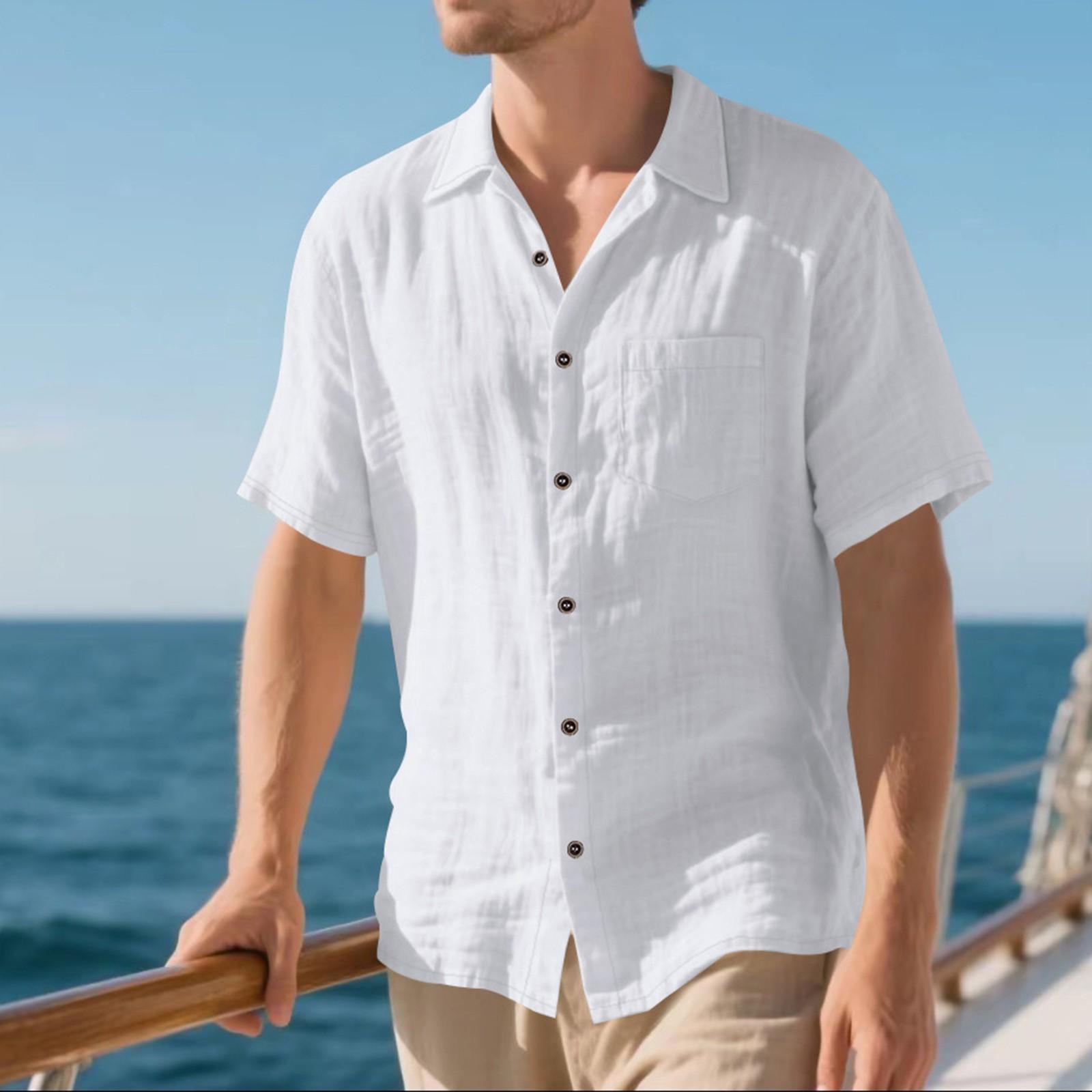 

Мужская летняя льняная рубашка с коротким рукавом, повседневная дышащая рубашка на пуговицах, праздничные пляжные летние топы с карманами M белый