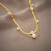 18K Gold Plated Double Layer Herringbone Necklace with Pearl CZ, Dainty Snake Chain Choker, Adjustable Jewelry for Women Daily Wear Gift