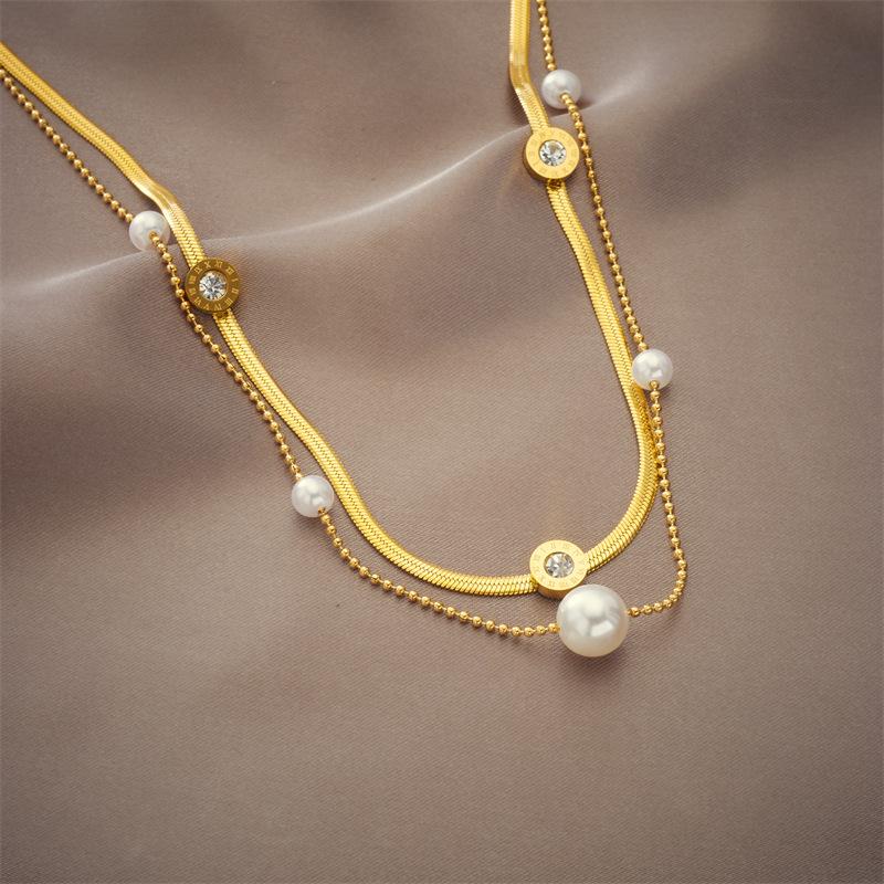 18K Gold Plated Double Layer Herringbone Necklace with Pearl CZ, Dainty Snake Chain Choker, Adjustable Jewelry for Women Daily Wear Gift