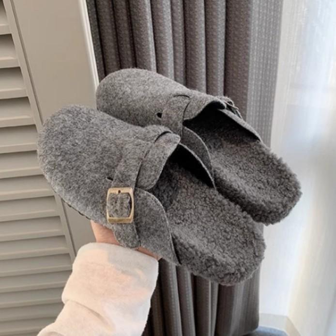 Yuanlitong Winter New Inner Height Increase Thick Velvet Warm Fluffy Shoes Women's Half-drag Empty Boboken Shoes Women's Cotton Shoes