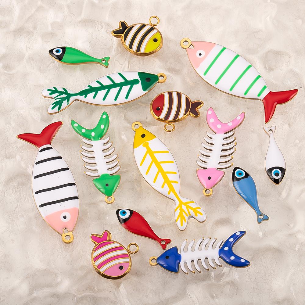 2pcs Stainless Steel Cute Enamel Stripe Fish Color Fish Tail Charms Animal Pendant Base for DIY Earring Necklace Jewelry Making
