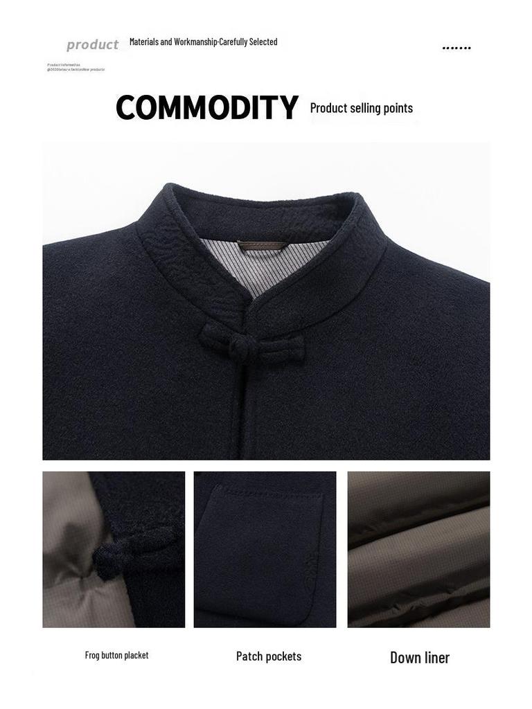 Men's Retro Double-Sided Nylon Down Tang Suit Coat with Stand Collar and Frog Buttons
