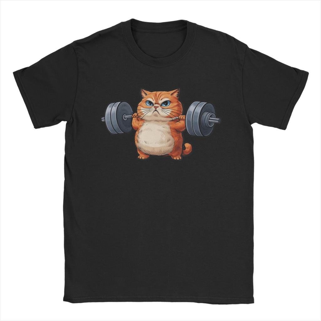 Cat Weightlifting T Shirts Men Cotton Awesome TShirt Crewneck Tees Short Sleeve Clothes Original