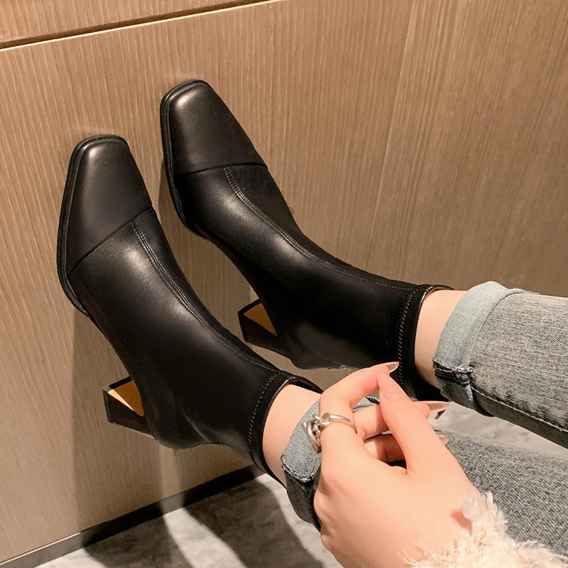 French retro thin boots women's Martin boots autumn and winter temperament foreign style square head high heels short boots thick heel elastic single