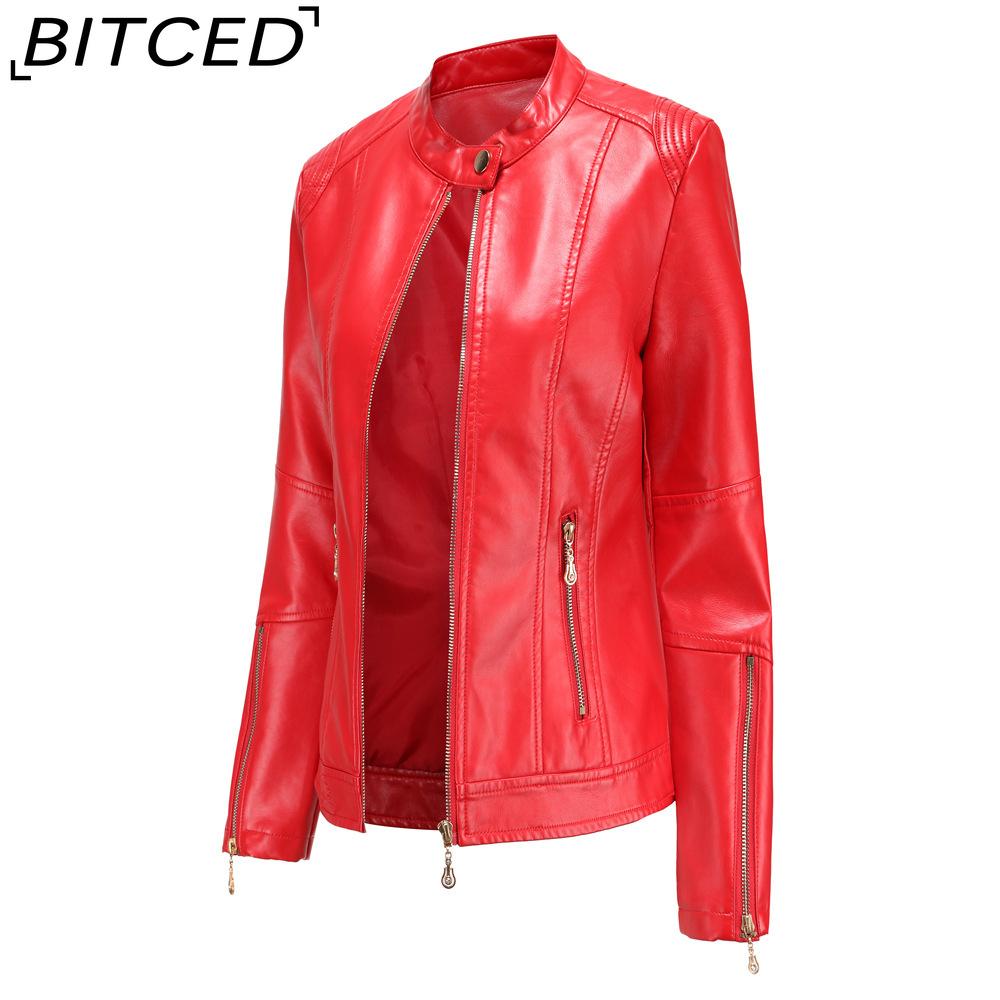 BITCED Fashion Women's PU Leather Short Jacket with Stand Collar Lightweight Spring/Autumn Leather Jacket