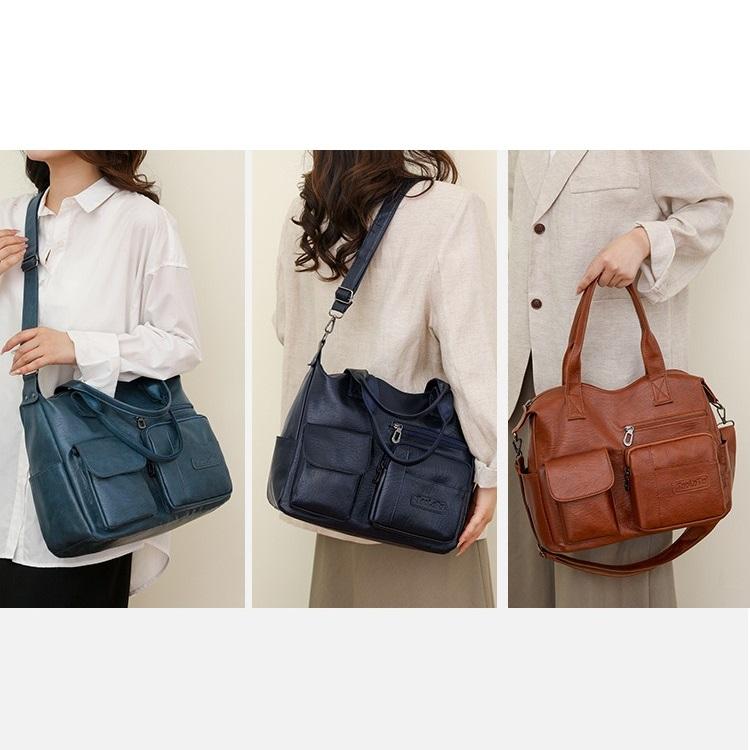 Soft Leather Handbag Female Vintage PU Shoulder Bag Multi-pocket Messenger Bag Shopping Lady Crossbody Bags Mommy Totes