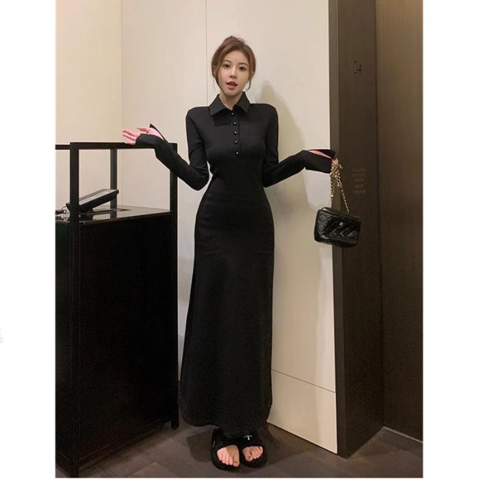 New black French shirt dress women s early autumn new long-sleeved waist temperament dress S чёрный