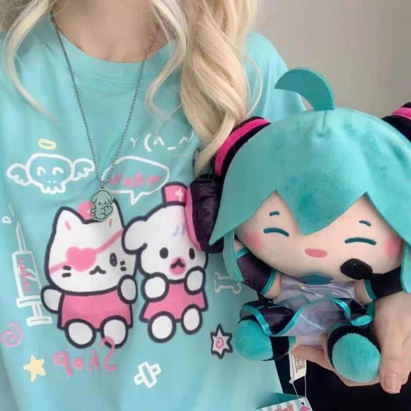 2KWEIRD Harajuku Sladké Kawaii Trička s krátkým rukávem Léto Nové O-výstřih Univerzální Topy Ženy Y2k E-Girl Středně dlouhé Volné Tričko