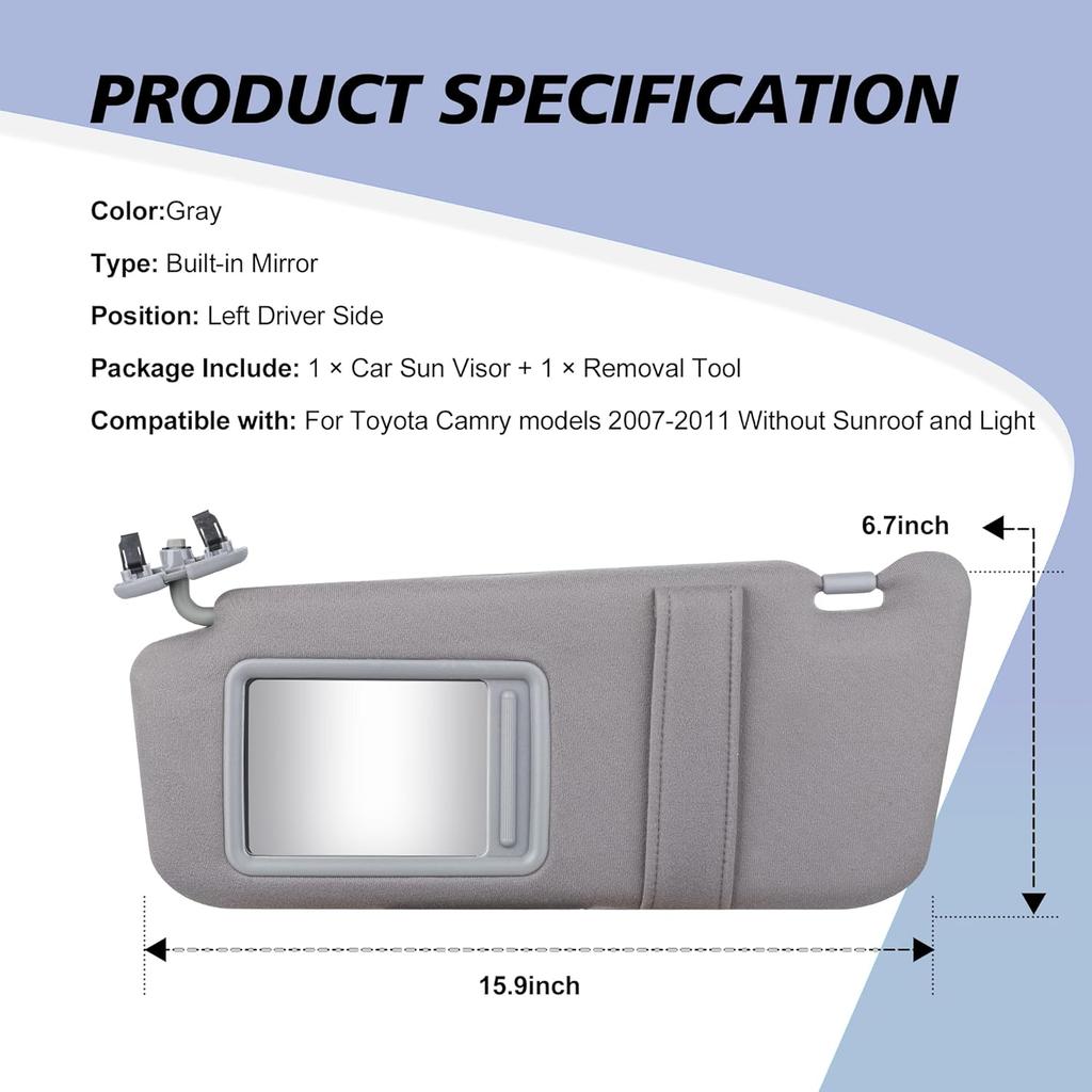 Gray Left Driver Side Sun Visor Fit For Toyota Camry 2007 2008 2009 2010 2011 Without Sunroof And Left & Right Driver Passenger Side 74320-06780-B0