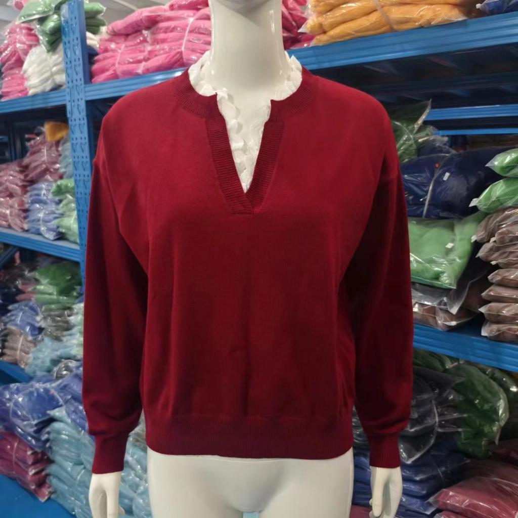 Lace Lace, V-neck, Sweater, Solid Color, Loose Fit, Long Sleeved, Women's, Knitted Sweater, Warm, Casual Shirt