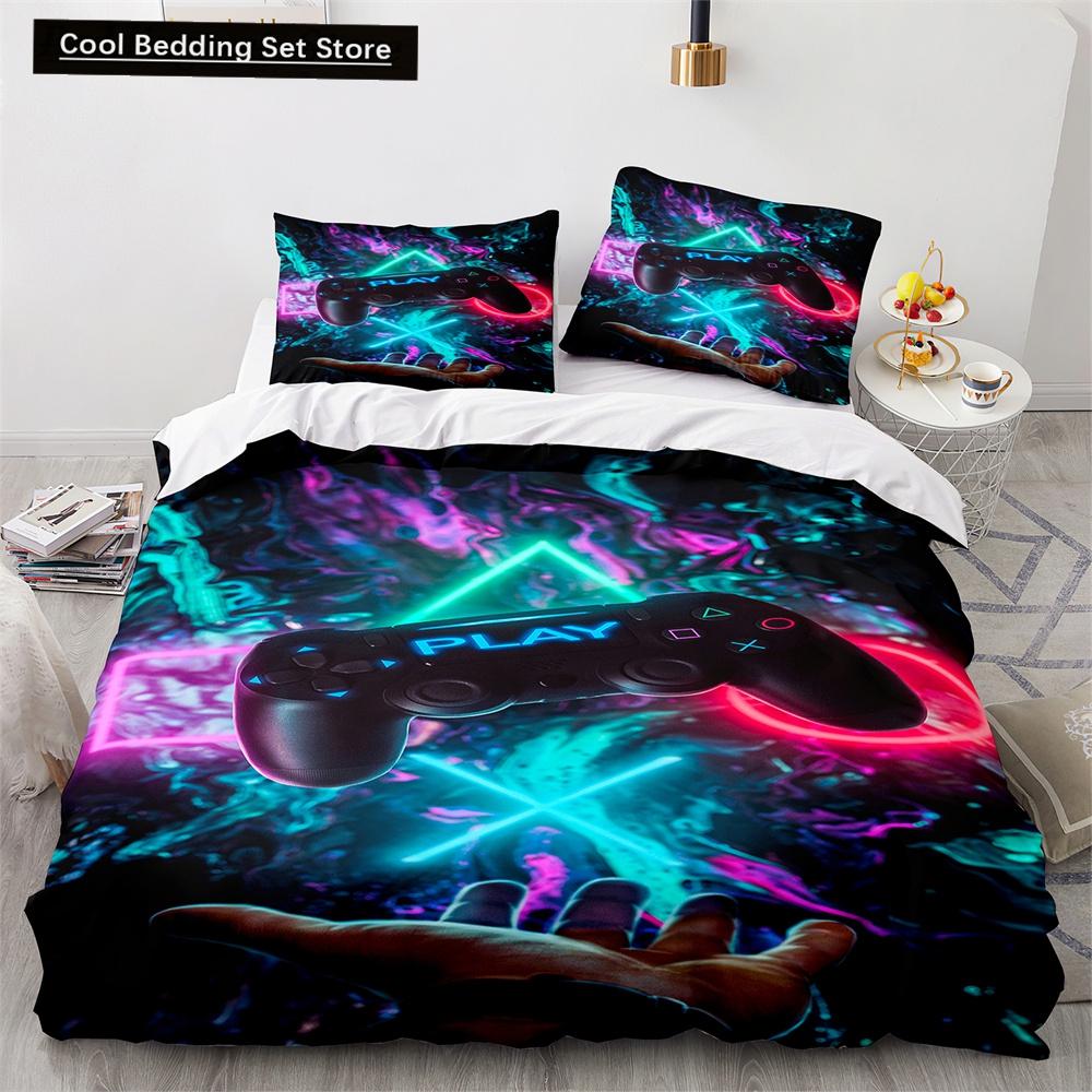 Game King Queen Duvet Cover 3D Black Game Handle Bedding Set for Kids Teens Boys Man Gamer Bedroom Decor Quilt Cover Pillowcase