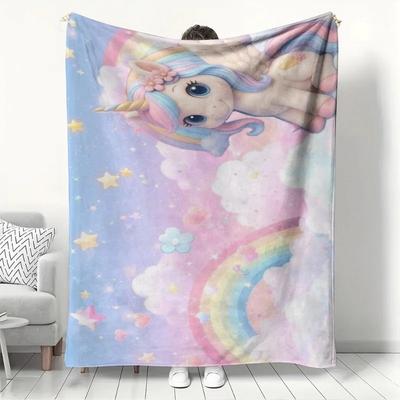 Magical Cute Winged Unicorn Blanket for Sofa Bed Rainbow Star Cloud Cozy Soft Throw Blanket for Kids Warm Blanket for Room Decor