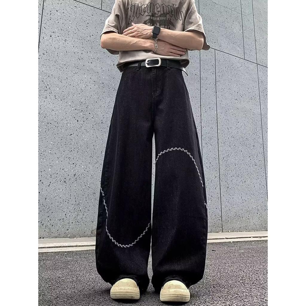 American retro embroidery design scimitar jeans men's solid color loose wide-leg casual floor pants