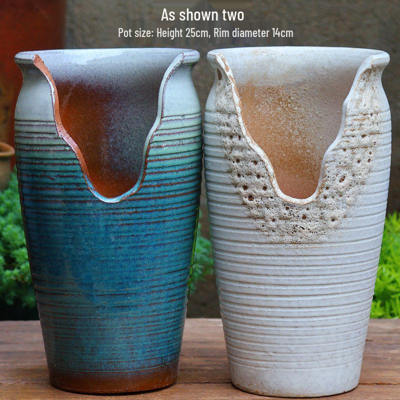 Handmade Coarse Pottery Wide-Mouth Flower Pot - Ceramic Zisha Succulent Planter with Rustic Cut-Edge Design for Chlorophytum