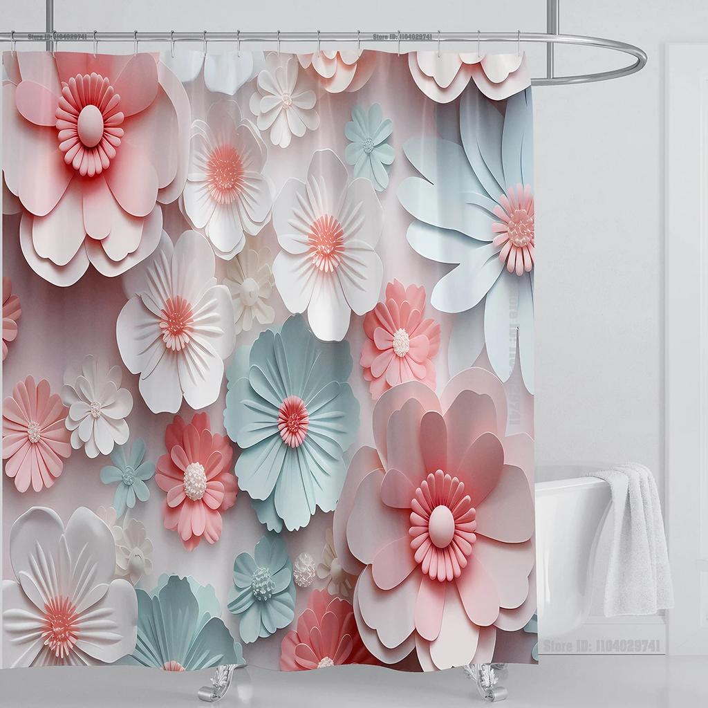 3D Floral Shower Curtain Set Orange Flower Design Fabric Bathroom Decor Waterproof Washable Shower Curtain Set With Hooks