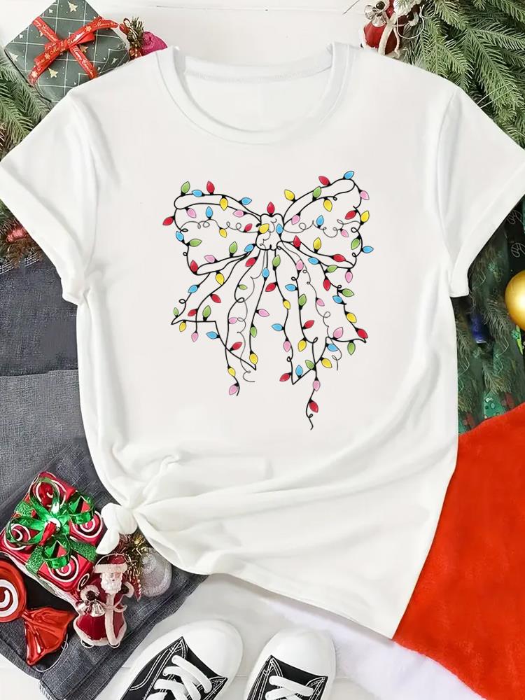 (Asian Size) Print merry Christmas o-neck Women's Top new year T Clothing tree lovely style cute Short Sleeve T-shirts Fashion holiday Graphic Tee
