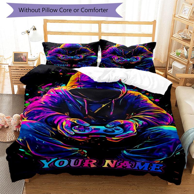 3pcs Custom Name Cyberpunk Neon Bedding Set Printed Bedding Set Duvet Cover Closure Includes 1 Duvet Cover & 2 Pillowcases Bedroom Decor