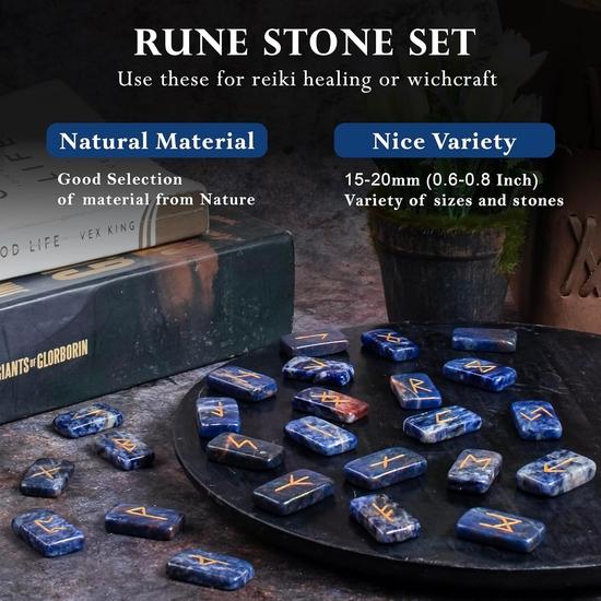 Crocon Sodalite Rectangle Shape Gemstone Runes with Elder Futhark Alphabet Engraved 25 Pcs Rune Set Crystal Divination Metaphysical : 20-25mm