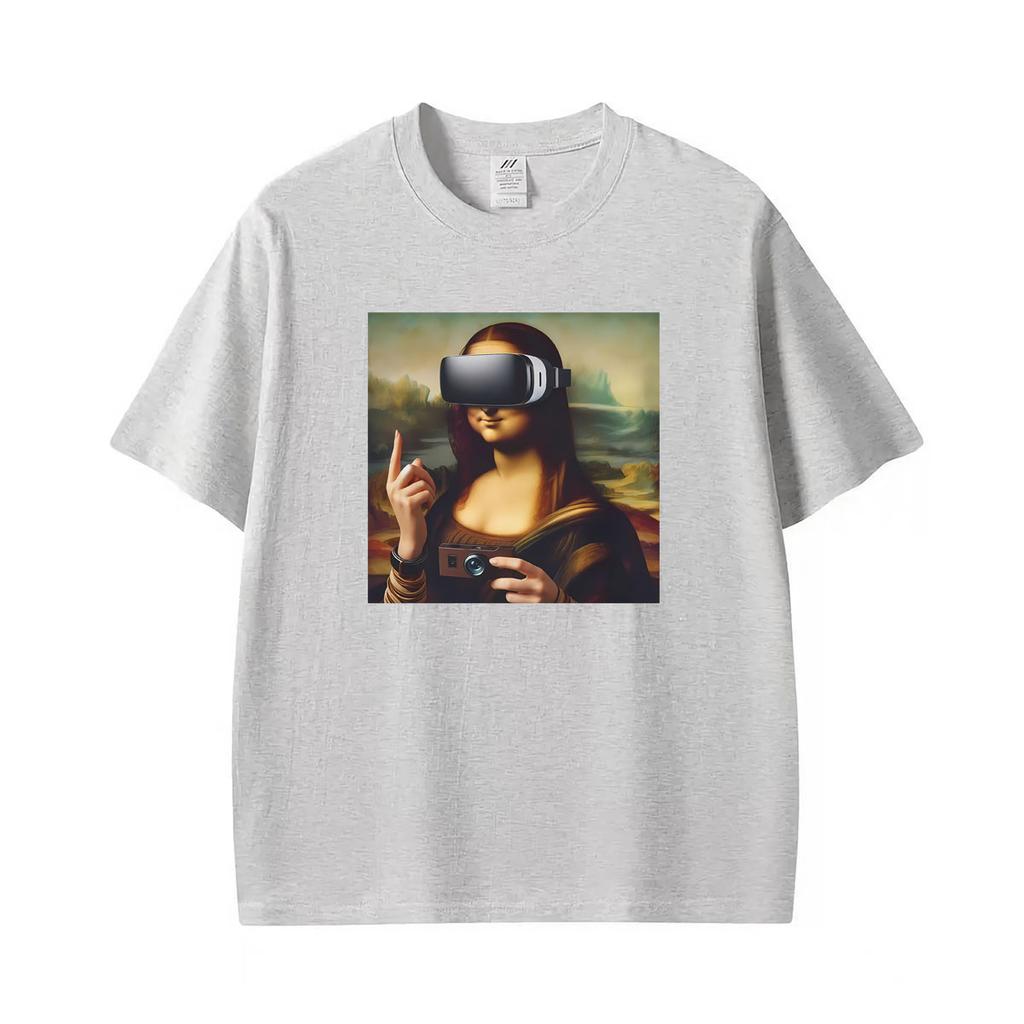 Funny Mona Lisa With Headset Funny Meme Graphic T Shirts Unisex Unisex Casual Cotton Tshirt Fashion Short Sleeve Oversized Tshirts