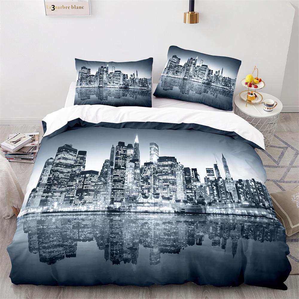 American City Landscape Duvet Cover Set Statue of Liberty Pattern King Queen Size Comforter Cover for Teen Polyester Bedding Set