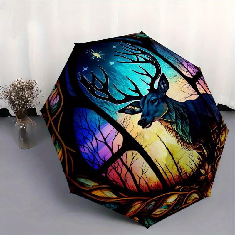 Stained Deer Window Art: Nature's Majesty In Every FrameUmbrella, Portable 3-Fold Umbrella for Men & Women,Christmas Gift ES234
