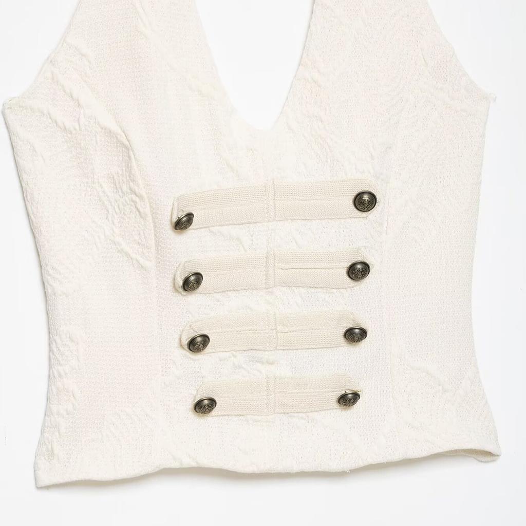 European and American style, new women's clothing, versatile jacquard knot buckle neck collar top 4770/315
