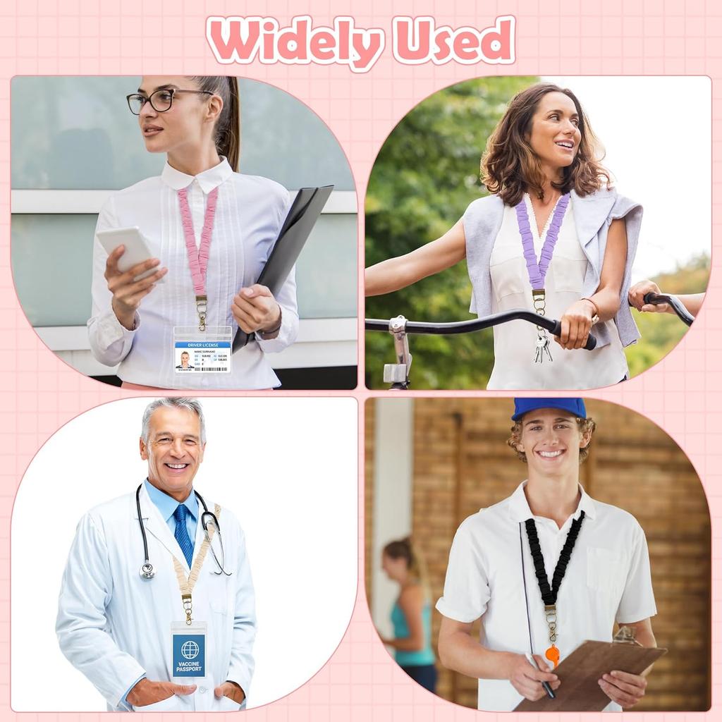 4 Pcs Stretchy Scrunchie Lanyards with 4 ID Holders for ID Badges, Neck Scrunchie Lanyard Retractable Teacher Lanyards for Nurses School Office