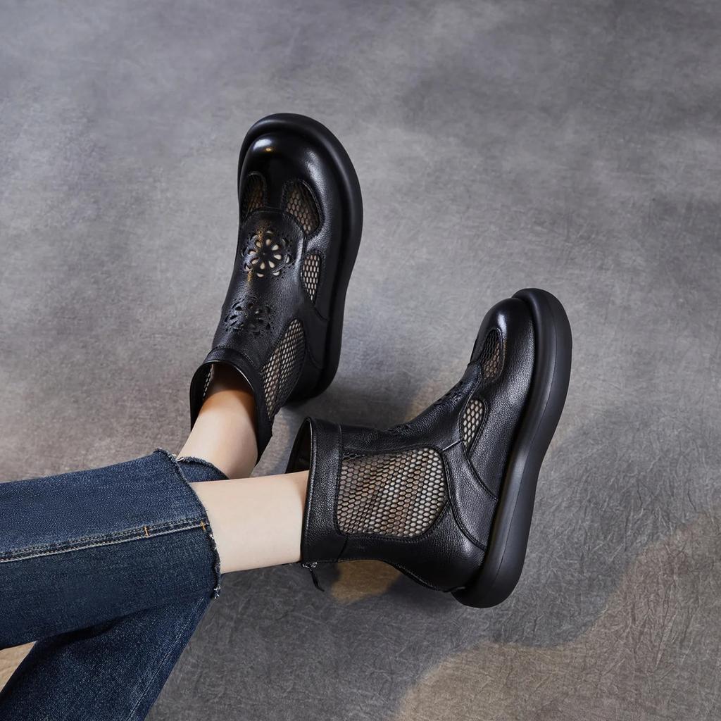 Johnature Genuine Leather Thick Soled Roman Women's Summer Boots Hollow-out Breathable Casual Mesh Short Boots