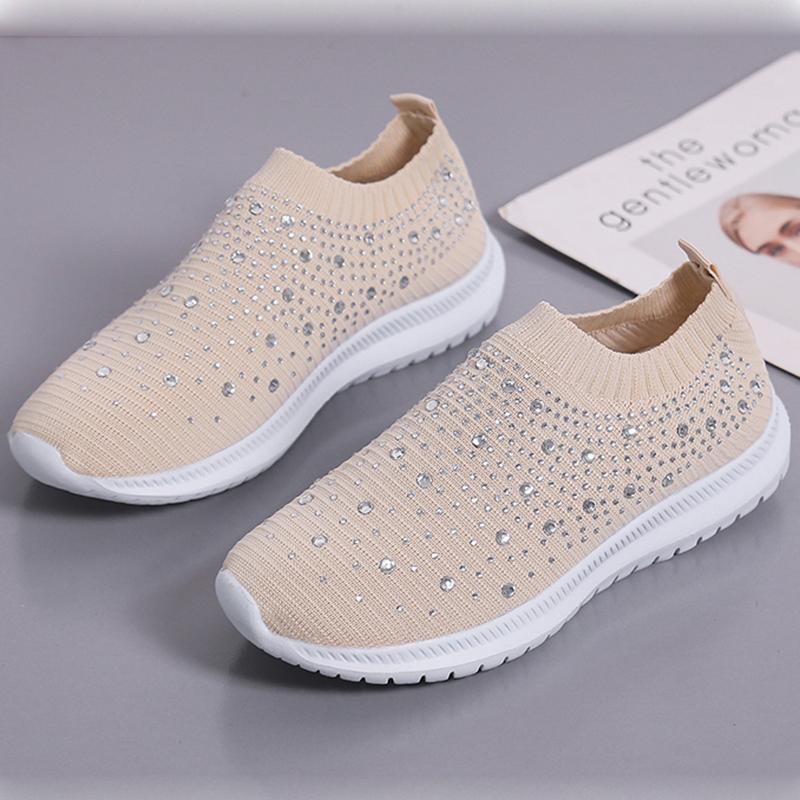 

Lucyever блестящие кристаллы вязаные кроссовки женские весна 2024 дышащие сетчатые балетки женские большие размеры повседневная обувь для бега 43 35 хаки