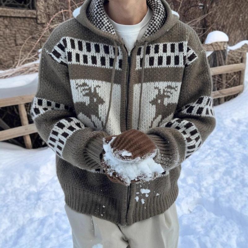 Pánský retro vánoční svetr s kapucí: Zimní žakárový kardigan na zip