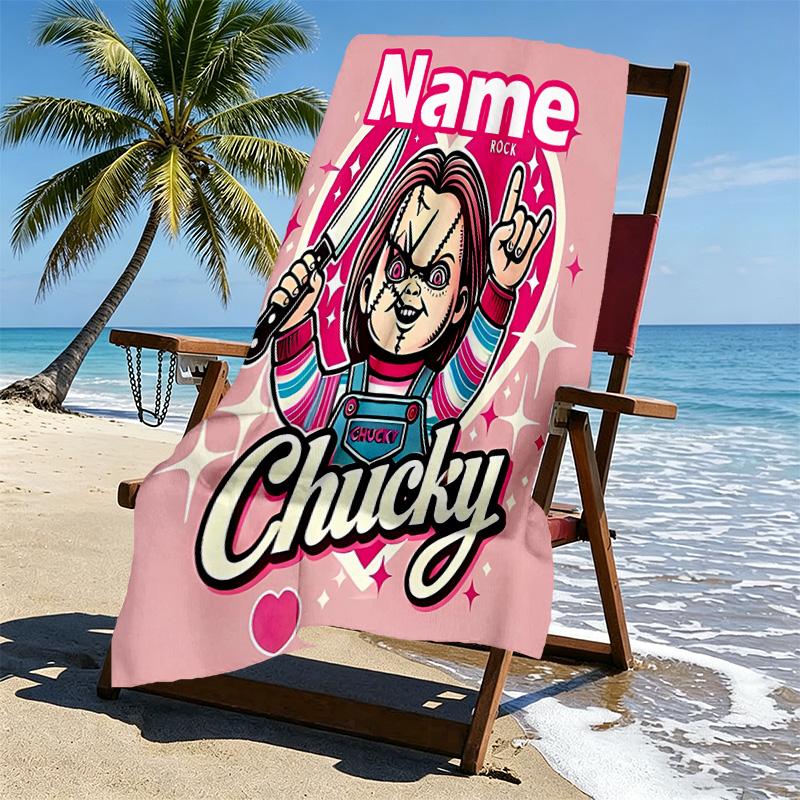 Custom Name Personalized Bride of Chucky Print Beach Towel, for Trip Camping Beach Party Home Decor, Birthday Gift for Family & Friends