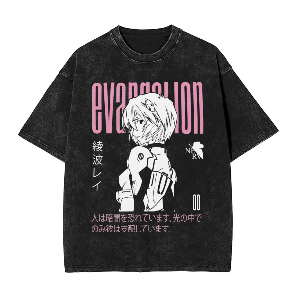 Hot Sale EVA Rei Ayanami Graphic Print T-shirt Men Women Vintage Washed Cotton Summer New Tee Streetwear Y2K Fashion Loose Casual Oversized Top