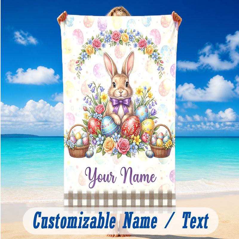Easter Bunny Theme Beach Towel Personalized Custom Name & Text Soft Quick Dry Beach Towel for Swimming Travel