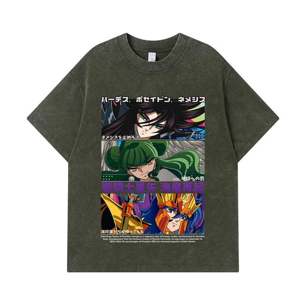 

Стиранные футболки 275 г/м² 100% Хлопок Saint Seiya V3 Rerise of Poseidon Принт Унисекс Тяжелая Хлопковая Футболка S армия зеленый