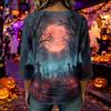 Women's Casual Halloween Print Crew Neck Three Quarter Sleeve Linen Cotton Top Autumn Lightweight Pullover Shirt for Daily Wear