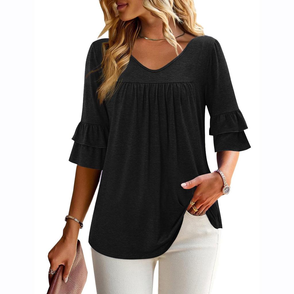 3/4 Length Sleeve Womens Tops Dressy Casual Blouses Bell Ruffle Sleeve Loose Fit Tunic Tops V Neck T Shirts