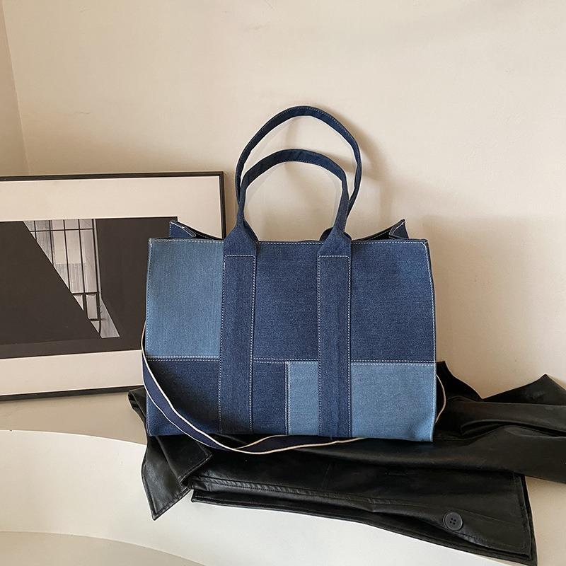 Large capacity bag women's new commuter canvas denim tote bag splicing shoulder oblique span bag