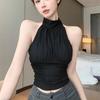 Women's Ruched Halter Neck Tank Top, Tie-Back Slim-Fit Cotton Camisole with Built-in Bra