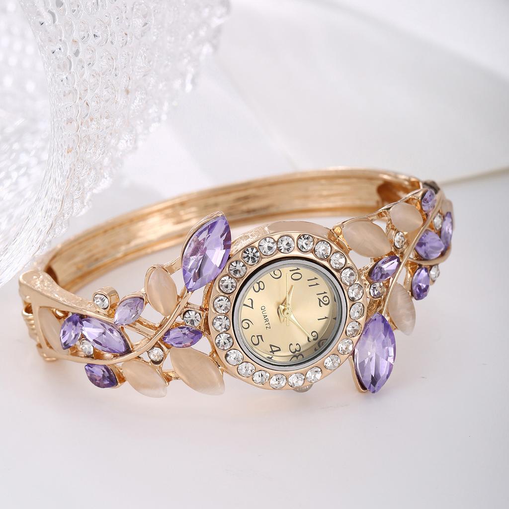 Korean Women's Rhinestone Leaf Quartz Watch Decorative Bracelet Wristwatch
