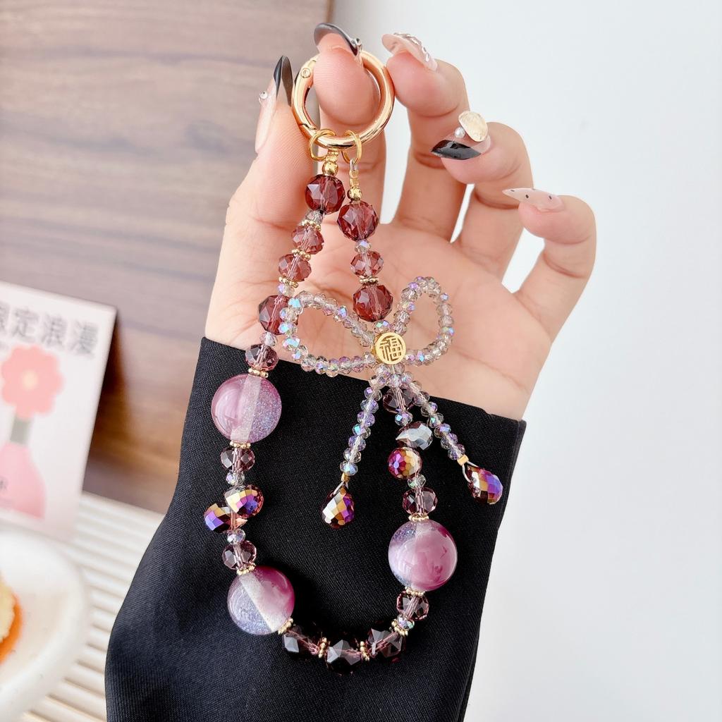 18K Gold High-end Mobile Phone Chain Case Chinese Bowknot Style Glitter Purple Glass Bracelet Rhinestone Luxury Lanyard Keychain