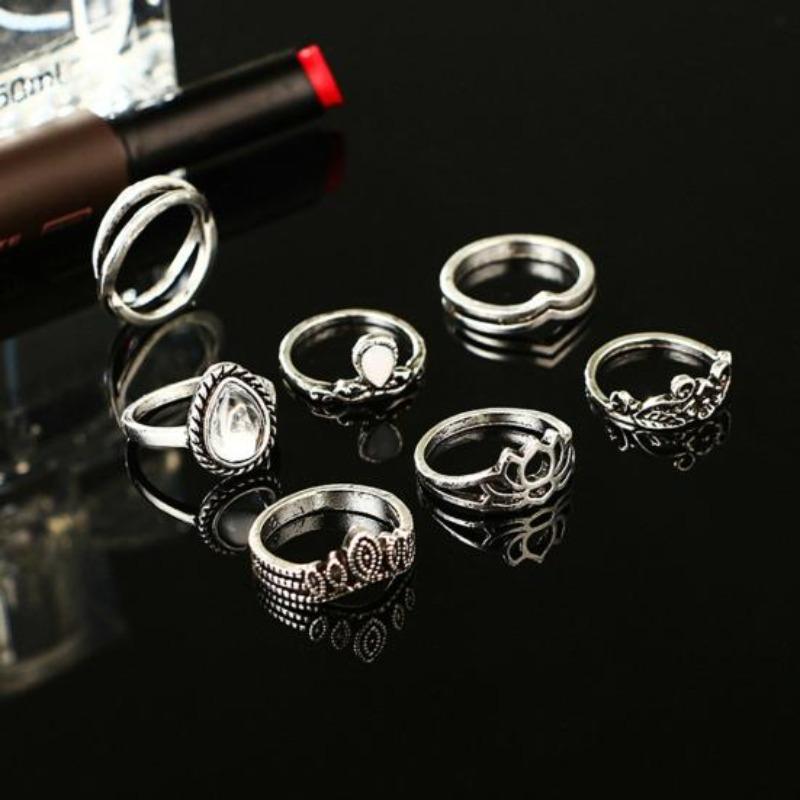 7 Pcs Vintage Women Hollow Carving Lotus Flower Waterdrop Knuckle Midi Rings Set