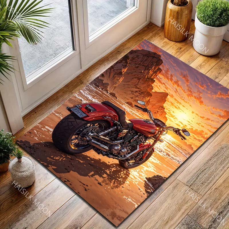 1PC Red Motorcycle Beach Sunset Cliffs Print Carpet for Living Room Bedroom Sofa Home Decor Rus Non-slip Floor Mat Luxury Gift