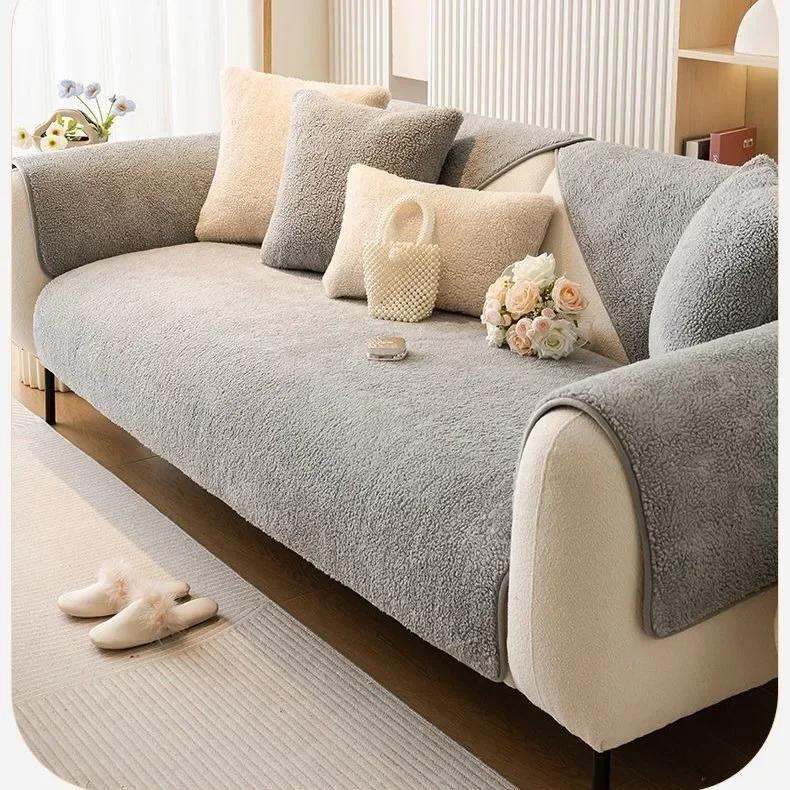 Maschinenwaschbare Lammwolle Sofakissen Winter Dickes Plüsch Sitzbezug Zum Warmhalten Rutschfest Längliche Form Sofabezug Zuhause