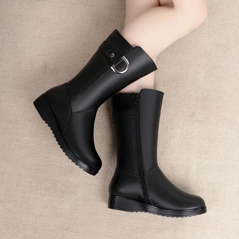 2024Women's Mid-calf Boots Winter Plush Warm Cotton Boot Fashion Soft Leather Boots for Women Non Slip Platform Boot Botas Mujer