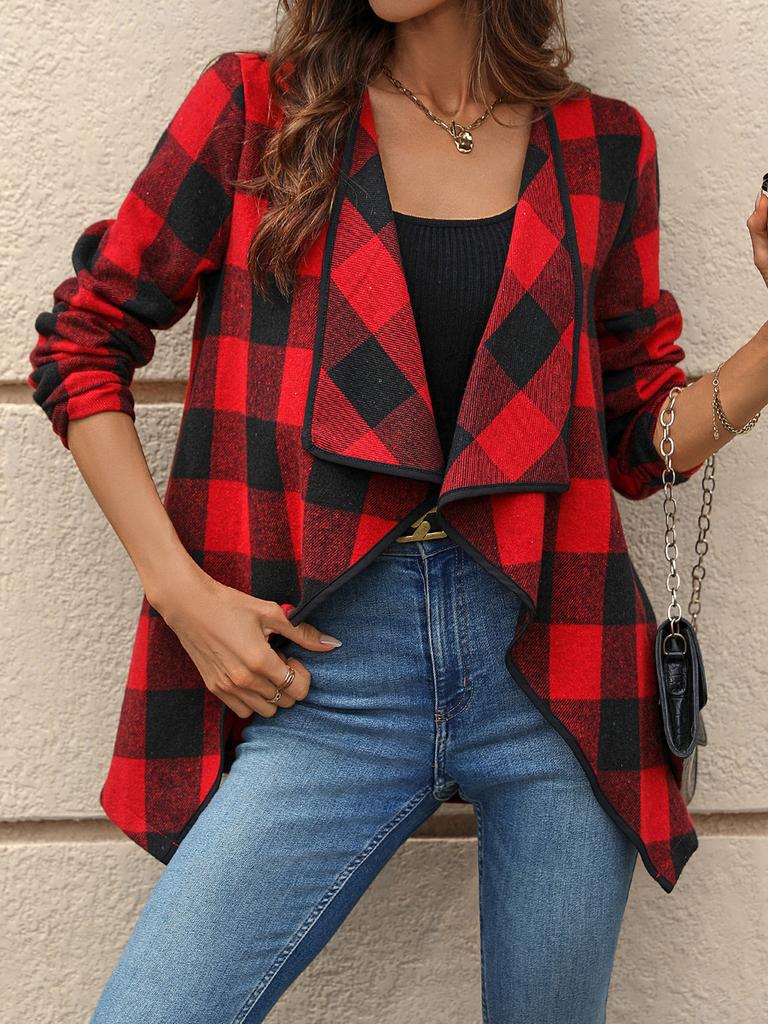 Women's Spring Commute Style Shirt Plaid Long Sleeve Irregular Loose Collar Open Cardigan Shirt
