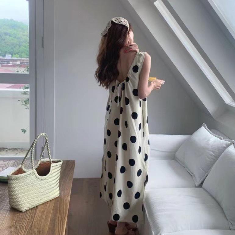 

Women s White Polka Dot Sleeveless Summer Tank Dress, French Round Neck Slimming Design Long Dress M (suggested weight: 85-105 jin)