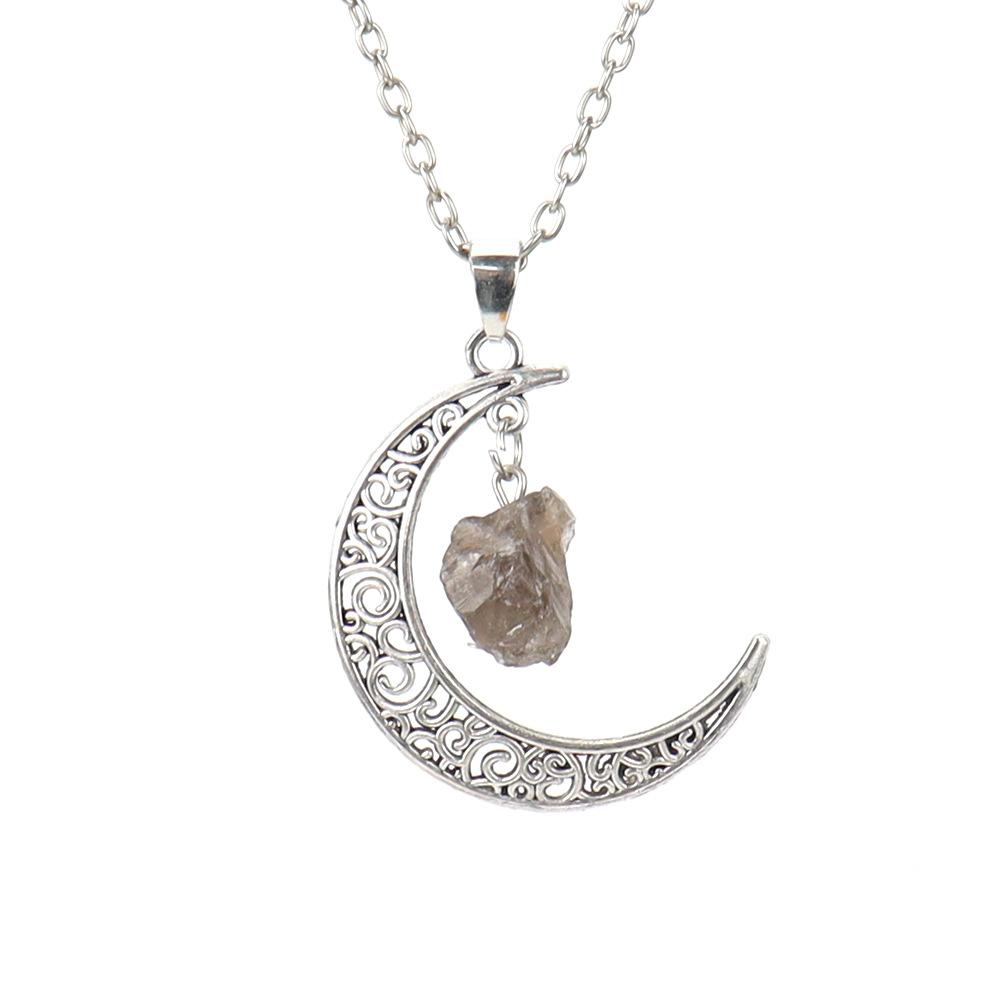 Hollow Moon Natural Rough Stone Crystal Pendant Necklace Amethyst Pendant Couple Necklace N597