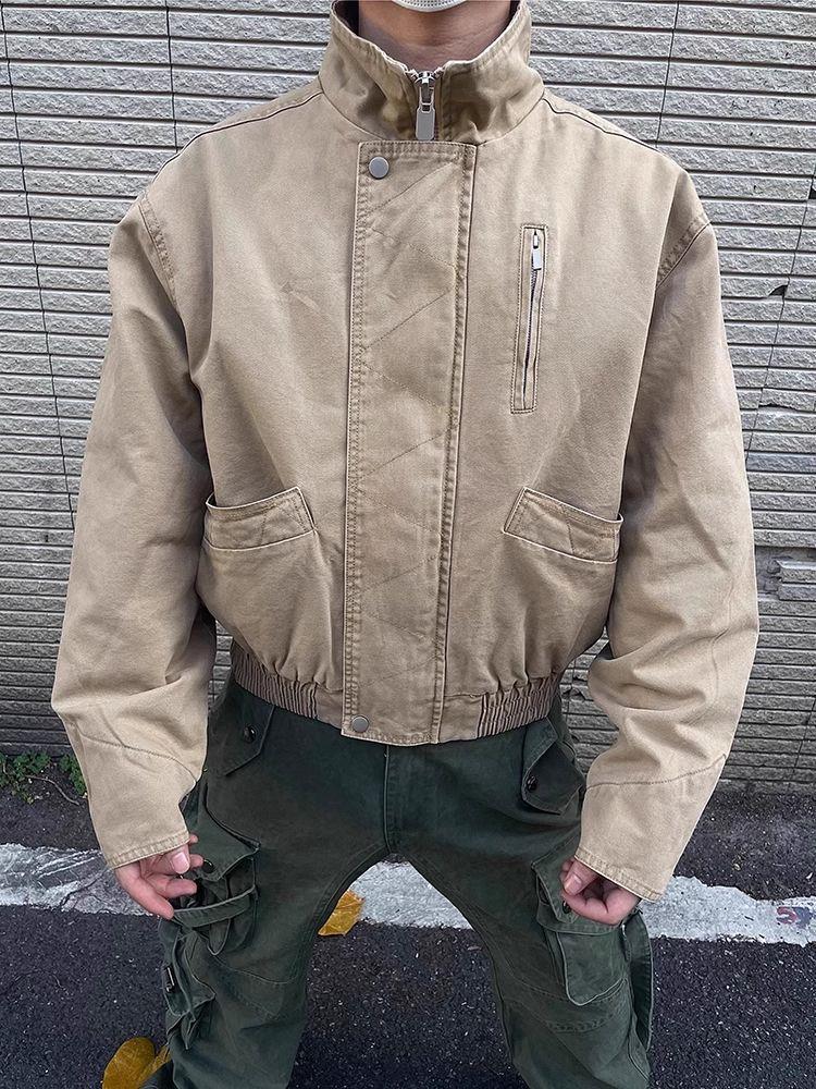 Unisex Khaki Wide Bomber Jacket: American-Style, Stand Collar, Distressed Workwear 