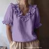 Women's Summer Solid Color Short Sleeve Shirt, Vintage Pullover Blouse
